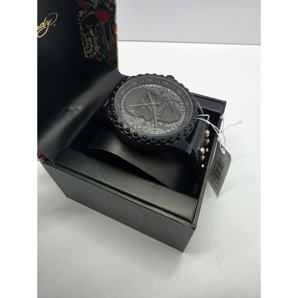Ed Hardy Mens Skull Watch Black Leather Cuff Studded Strap 3D Dial New in Box - Picture 3 of 4